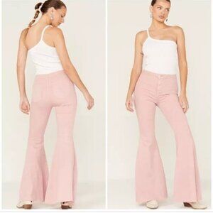 Free People Pink Float On Flare Hi Rise Raw Hem Stretch Denim Pants Size…